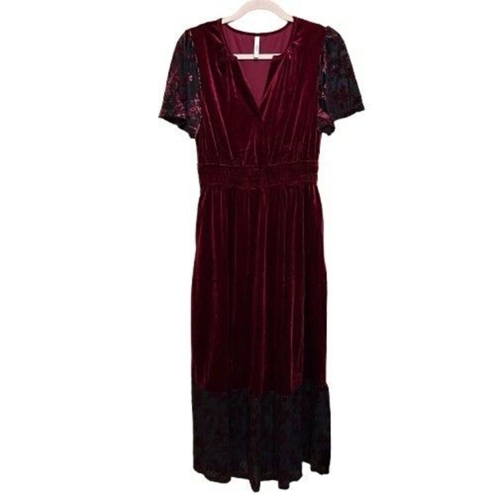 Simplee Velvet Maxi Dress Womens Medium Ruby Red Floral Burnout Trim Dark Fairy